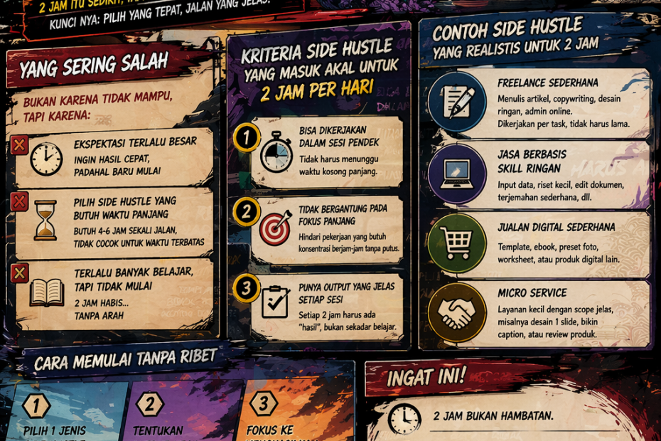 Punya waktu hanya 2 jam per hari? Temukan side hustle yang paling masuk akal untuk kondisi sibuk, lengkap dengan cara memulai yang realistis dan mudah diterapkan.