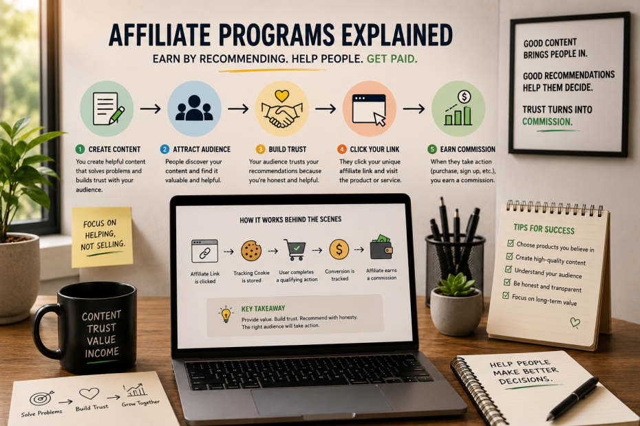 # Affiliate Programs Explained: How People Earn by Recommending Products Online At some point, you've probably clicked a product link shared by a YouTuber, blogger, or content creator. Maybe it was a laptop they recommended, a productivity tool they genuinely used, or even a simple desk accessory that caught your attention. You clicked the link, bought the product, and moved on with your day. What most people never realize is that a single click may have earned the creator a commission without changing the price you paid. That's the idea behind affiliate programs. They're one of the simplest business models on the internet because they don't require you to build a product, manage inventory, process shipping, or handle customer support. Instead, your role is much closer to becoming a trusted guide. You introduce people to products or services that solve a problem, and when someone makes a purchase through your unique referral link, you receive a commission from the company. ## How Does an Affiliate Program Actually Work? The process is surprisingly straightforward. A company creates an affiliate program and gives every approved partner a unique tracking link. Whenever someone clicks that link, a small piece of tracking information is stored so the company knows where the visitor came from. If that visitor later completes a qualifying action, such as purchasing a product, subscribing to a service, or signing up for an account, the system records the conversion and attributes it to the affiliate who referred the customer. Once the conditions of the program are met, the affiliate earns a commission based on the company's payment structure. Behind the scenes, the technology is much more sophisticated, but from an affiliate's perspective, the workflow is refreshingly simple: recommend something useful, share your affiliate link, and earn a commission when your recommendation leads to a successful conversion. ## Affiliate Marketing Is Built on Trust Many beginners assume affiliate marketing is simply about posting as many links as possible across the internet. In reality, that's one of the fastest ways to lose credibility. People rarely buy because a link exists. They buy because they trust the person sharing it. That's why the strongest affiliate businesses are built around helpful content instead of constant promotion. A detailed product review, an honest comparison, a practical tutorial, or a personal experience often creates far more value than a page filled with referral links. When readers believe your recommendation is genuine, they're much more likely to come back the next time they're looking for advice. Trust becomes the real product. ## Where Affiliate Links Usually Perform Best Affiliate links can appear almost anywhere people consume content. Blog articles, YouTube videos, newsletters, podcasts, social media posts, online communities, and personal websites all create opportunities to recommend products naturally. The important part isn't the platform. It's the context. A recommendation feels far more authentic when it appears while solving a problem. Someone reading an article about building a home office, for example, is already looking for equipment, making relevant recommendations feel helpful rather than intrusive. The same principle applies to tutorials, buying guides, comparison articles, and educational content. Good affiliate marketing starts with helping. Sales usually follow. ## How Affiliates Actually Earn Consistent Income Successful affiliates rarely depend on luck or viral content. Instead, they focus on creating valuable resources that continue attracting readers long after they're published. An evergreen article, a detailed tutorial, or a comprehensive buying guide can generate traffic for months or even years through search engines. Every visitor becomes another opportunity to help someone make an informed decision, and occasionally, that decision results in a commission. That's why many affiliate marketers spend more time creating useful content than promoting affiliate links themselves. Content attracts attention. Trust builds relationships. Recommendations create conversions. ## Common Mistakes Beginners Make One of the biggest mistakes is promoting products they have never used or researched. Readers notice when recommendations feel generic, and once trust disappears, it's incredibly difficult to earn it back. Another common mistake is expecting immediate results. Affiliate marketing isn't a shortcut to overnight income. Like blogging, YouTube, or SEO, it often takes time before content gains visibility and begins generating consistent traffic. Some people also focus on quantity instead of quality, publishing dozens of thin articles with little value. In most cases, a handful of thoughtful, well-researched articles will outperform hundreds of pages created only to insert affiliate links. Helping people solve real problems has always been a better long-term strategy than chasing quick clicks. ## More Than Just a Commission The most successful affiliates don't think of themselves as salespeople. They think like educators, reviewers, creators, and problem solvers. Every recommendation is supported by useful information, honest opinions, and practical experience. Ironically, the less you focus on selling, the easier it becomes to earn. When people consistently find value in your content, they begin trusting your recommendations naturally. Over time, that trust becomes far more valuable than any single commission, because it's what turns first-time visitors into loyal readers who keep coming back whenever they need reliable advice.