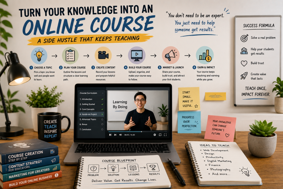# Turn Your Knowledge Into an Online Course: A Side Hustle That Keeps Teaching Most people assume they need to become an expert before teaching anything online. They imagine university professors, bestselling authors, or industry veterans with decades of experience. While those people certainly create excellent courses, they aren't the only ones who have something valuable to teach. In reality, some of the most successful online courses solve surprisingly simple problems. They help beginners build their first website, organize their finances with spreadsheets, learn basic photography, edit videos faster, understand Excel formulas, design social media content, or finally make sense of programming without feeling overwhelmed. People don't always buy knowledge because it's advanced. They buy it because it's useful. That's what makes online courses one of the most interesting digital side hustles available today. ## What Makes Online Courses Different? Unlike freelancing, where you're paid for your time, an online course allows your knowledge to keep working long after you've finished recording it. Imagine answering the same question every week. Now imagine recording the answer once, organizing it into clear lessons, and allowing hundreds of students to learn from it whenever they're ready. That's essentially what an online course becomes. You're not just selling videos. You're packaging experience into a structured learning journey that helps someone reach a goal faster than they could on their own. ## You Don't Need to Teach Everything One of the biggest mistakes beginners make is trying to create the ultimate course covering every possible topic. The result is usually overwhelming for both the creator and the student. Instead, focus on solving one specific problem. Teach someone how to build their first landing page. How to edit videos with a particular software. How to organize tasks using Notion. How to create a portfolio website. How to understand HTML and CSS. The narrower your topic, the easier it becomes for the right audience to find you. People rarely search for "learn everything." They search for "how do I solve this problem?" ## Building a Great Course Starts With Structure A successful course isn't measured by the number of hours it contains. Longer doesn't automatically mean better. Students appreciate lessons that are clear, practical, and easy to follow. Begin with the fundamentals, gradually introduce more advanced concepts, and include small projects that allow learners to apply what they've just learned. Every completed lesson should leave students feeling a little more confident than they were before. Learning should feel like making progress, not collecting information. ## What Can You Teach? The possibilities are much broader than many people realize. Some creators build courses around web development, graphic design, programming, digital marketing, SEO, photography, video editing, artificial intelligence, copywriting, public speaking, productivity, language learning, finance, business, or music. Others focus on incredibly niche topics. Teaching people how to use a specific software. Creating printable planners. Building websites with WordPress. Designing presentations. Automating repetitive tasks. If you've solved a problem that other people are still struggling with, there's already a potential course waiting to be created. ## Recording Doesn't Have to Be Perfect Many aspiring instructors spend months buying expensive cameras, microphones, and lighting before recording their first lesson. Ironically, students usually care much more about clarity than cinematic production. Good audio. A clear screen recording. Organized explanations. Practical examples. Those things matter far more than owning the latest camera. Your first course doesn't need to look like a Hollywood production. It simply needs to help people achieve the result you promised. ## Marketing Is Part of Teaching Creating an excellent course is only half the journey. People first need to discover it. That's why successful course creators often publish helpful blog articles, YouTube tutorials, newsletters, social media content, or free resources that demonstrate their teaching style before asking anyone to buy a course. Every helpful piece of content builds trust. Every tutorial answers a question. Every visitor becomes a potential student. Teaching starts long before someone clicks the purchase button. ## A Course Can Keep Creating Value One of the most rewarding parts of building an online course isn't the sales notification. It's knowing that something you created continues helping people while you're already working on your next idea. A lesson recorded today might still help someone six months from now. A simple tutorial could become the reason someone lands their first freelance client, launches their first website, or discovers a career they never imagined possible. That's what makes online courses more than just another side hustle. They're a way of turning knowledge into something that keeps creating value, one student at a time.