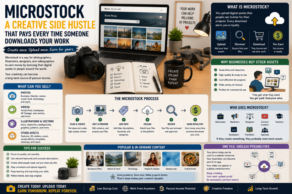 # Selling on Microstock: A Creative Side Hustle That Pays Every Time Someone Downloads Your Work Imagine taking a photo during your weekend trip, designing a simple icon set after work, or recording a beautiful drone shot while traveling. Weeks later, someone you've never met downloads that file to use in a presentation, website, advertisement, or video project. You earn a royalty, they save hours of work, and your creation begins a new life in someone else's project. That's the idea behind microstock. Instead of selling a single physical product, you're building a growing collection of digital assets that businesses, designers, marketers, educators, developers, and content creators can license whenever they need them. Every upload becomes another opportunity to generate income, making microstock one of the most interesting creative side hustles available today. ## What Is Microstock? Microstock is a licensing model where creators upload digital assets that customers can legally purchase or license for use in their own projects. Unlike custom freelance work, you're not creating something for one specific client. You're creating resources that many different people may find useful over time. Every accepted file becomes part of your portfolio. The larger your portfolio grows, the more opportunities you create for future downloads. That's why many contributors think of microstock as building a digital library instead of completing one-time projects. ## What Can You Sell? Microstock is much broader than photography. Many creators upload illustrations, vector graphics, icons, backgrounds, textures, mockups, 3D renders, motion graphics, stock videos, drone footage, sound effects, music tracks, user interface elements, and even simple design resources that businesses use every day. Some photographers specialize in business imagery. Others focus on nature, travel, food, architecture, education, technology, or lifestyle. Illustrators create graphics for websites and marketing campaigns. Videographers produce cinematic clips that become part of documentaries, advertisements, and social media content. The opportunities are surprisingly diverse. ## Why Businesses Buy Stock Assets Creating everything from scratch takes time. A company designing a brochure may need professional business photos. A startup building a website might require modern illustrations. A teacher preparing classroom materials may need educational graphics. A video editor could be looking for aerial footage or motion backgrounds. Instead of organizing expensive photo shoots or hiring a custom illustrator for every project, many organizations choose licensed stock assets because they're fast, affordable, and ready to use. Your work helps them create better content in less time. ## Quality Always Wins Uploading hundreds of average files rarely produces the same results as uploading a smaller collection of carefully prepared assets. Sharp images. Clean compositions. Proper lighting. Accurate colors. Well-organized files. Useful keywords. Clear descriptions. These details make it much easier for potential customers to discover and trust your work. Microstock isn't simply about creativity. It's also about consistency and attention to detail. ## Think Like a Customer One of the biggest shifts successful contributors make is changing how they view their work. Instead of asking, "What do I want to create?" They ask, "What does someone need today?" Businesses need teamwork photos. Developers need technology backgrounds. Teachers need classroom illustrations. Content creators need modern graphics. Marketing agencies need seasonal visuals. When your portfolio solves real problems, downloads naturally become more likely. Useful content often performs better than complicated artwork created only for display. ## Building a Portfolio Takes Time Very few contributors upload ten files and immediately generate consistent income. Most successful portfolios grow gradually. One upload becomes ten. Ten become one hundred. One hundred become one thousand. Every new asset increases the chance that someone searching for exactly that file will discover your work. The process rewards patience. The larger and more diverse your portfolio becomes, the more opportunities you create for recurring income. ## One File Can Create Value for Years One of the most exciting parts of microstock is realizing that your work doesn't stop after you upload it. A photograph taken today might appear in a magazine next year. An illustration could become part of a mobile application. A short video clip may be used in a commercial, while an icon you designed could appear on thousands of websites around the world. That's what makes microstock different from many traditional creative jobs. You're not simply completing projects one client at a time. You're building a collection of digital assets that continues working quietly in the background, creating opportunities every time someone discovers, downloads, and puts your creativity to work in their own ideas.
