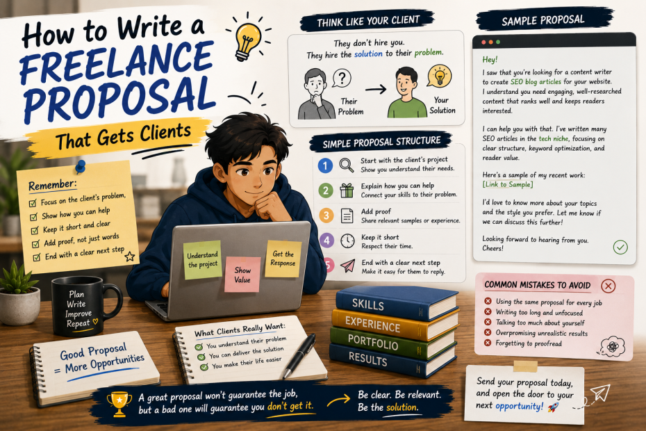 # How to Write a Freelance Proposal That Gets Clients So, you found a freelance job that looks perfect. The client needs exactly the kind of skill you offer. The budget looks decent. The project sounds interesting. And for a second, you're thinking: "Yep. This could be the one." Then you scroll down and see the part that makes a lot of freelancers suddenly stare at their screen for way too long. **Submit a proposal.** And now the panic begins. What should you say? How long should it be? Should you talk about your experience? Should you explain every single skill you have? Should you start with "Dear Sir or Madam"? Should you write a super long message so the client knows you're serious? Relax. A good freelance proposal doesn't need to be complicated. In fact, one of the biggest mistakes beginners make is trying way too hard to sound professional and accidentally creating something that sounds like it was written by a corporate robot. The goal is much simpler than that. You want the client to read your proposal and think: **"Okay, this person actually understands what I need."** That's it. And once you understand that, writing proposals becomes a whole lot easier. ## Read the Job Post Before You Start Writing Sounds obvious, right? You'd be surprised. A lot of freelancers see a job title, get excited, and immediately start sending the same proposal they've used twenty times before. Big mistake. Take a minute and actually read what the client wants. What problem are they trying to solve? What kind of result do they need? Are there any specific instructions? Do they mention deadlines, experience, style, or examples? Sometimes clients even hide a small instruction inside the job post just to see who actually read it. If the post says, "Start your proposal with the word banana," then yeah... Start with banana. 🍌 Not because the client is obsessed with fruit. They probably just want to filter out people who blindly copy and paste proposals everywhere. So before writing anything, understand the job. That already puts you ahead of a surprising number of people. ## Don't Make the Proposal All About You This is where many proposals go wrong. They start like this: "Hello, my name is John. I am a highly skilled professional with five years of experience. I am hardworking, motivated, passionate, creative, and dedicated..." And somewhere around sentence number twelve, the client has already stopped reading. The problem is simple. The client isn't mainly thinking about you. They're thinking about their problem. They need an article written. A video edited. A website fixed. A design created. So instead of starting with your entire life story, start by showing that you understand what they need. For example: "Hey, I saw that you're looking for someone to turn your long-form videos into short clips for social media. It sounds like the main goal is to create content that grabs attention quickly while keeping the important parts of the original video." Boom. Now the client knows you actually read the project. ## Keep It Simple and Human You don't need to sound like a lawyer writing a contract. And you definitely don't need to use every fancy word you can find. Write like a real person. Clear. Friendly. Professional enough. But still human. Something like: "Hey! I checked out your project, and I think I can help. I've worked on similar content before, and I can create short videos that are clean, engaging, and ready to post." Simple. Easy to understand. No unnecessary fluff. The client doesn't need a dictionary to understand your proposal. ## Explain How You Can Help After showing that you understand the project, explain what you can actually do. This is your moment to connect your skill with the client's problem. Don't just say: "I'm a great video editor." Okay. But how does that help the client? Try something more useful: "I can take your raw footage, identify the strongest moments, add captions and basic motion elements, and turn everything into short videos optimized for social media." Now we're talking. You're not just naming your skill. You're explaining the result. And clients usually care a lot about results. ## Show Something Relevant If you have a portfolio piece related to the project, this is a great time to mention it. But don't throw every single project you've ever made at them. Keep it relevant. If the client wants blog articles, show writing samples. If they need social media graphics, show designs. If they need video editing, show videos. Think of your portfolio like evidence. You're basically saying: "Don't just take my word for it. Here's what I can do." And honestly, that's much stronger than writing five paragraphs about how talented you are. ## Don't Write a Novel Here's another common mistake. Some freelancers think a longer proposal automatically looks more professional. So they write... And write... And write... Until the proposal is longer than the actual job description. Most clients don't have time for that. They might receive dozens of proposals. Make yours easy to scan. Get to the point. Show that you understand the job. Explain how you can help. Add something relevant. Then give them a clear next step. Done. You don't need to explain your entire freelance journey since the beginning of time. ## A Simple Freelance Proposal Structure If you're not sure where to start, here's a simple structure you can use: **1. Start with the client's project** Show that you understand what they need. **2. Explain how you can help** Connect your skills to their problem. **3. Add something relevant** Share a portfolio sample, experience, or a quick idea related to the project. **4. Keep it short** Respect the client's time. **5. End with a simple next step** Make it easy to continue the conversation. For example: "Hey, I saw you're looking for someone to write SEO articles for your technology website. I can help create articles that are easy to read while still being structured around relevant keywords and search intent. I've written similar content before, and I can share a few relevant samples with you. If you'd like, feel free to send me one of your topics, and we can talk about the style and direction you're looking for." That's it. Simple. Clear. Human. ## Don't Copy and Paste Everything Having a basic proposal template is fine. Actually, it can save you a lot of time. But don't use the exact same message for every project. Change the important parts. Mention the client's actual problem. Adjust your examples. Explain why your skill fits their specific project. Even a small amount of personalization can make your proposal feel completely different. Think of it this way. Would you rather receive a message that clearly responds to what you posted... Or one that looks like it was sent to 500 other people that morning? Exactly. ## Confidence Is Good. Overpromising Is Not. You want to sound confident. But don't promise things you can't actually deliver. Don't say: "I guarantee this will go viral." "I can double your sales in one week." "I can finish everything in three hours." Unless you can genuinely prove it. Overpromising might help you get a client's attention. But underdelivering can hurt your reputation. Be confident about what you can do. Be honest about what you can't. That's a much better strategy in the long run. ## Your Proposal Doesn't Have to Be Perfect This is important. Especially if you're new. You might spend thirty minutes trying to write the perfect opening sentence. Then rewrite it. Delete it. Write another version. Delete that too. Meanwhile, the job gets filled. Don't overthink it. Your proposal will improve over time. The first few might feel awkward. That's fine. Send them anyway. Pay attention to which proposals get replies. Look at what you could improve. Try different approaches. Freelancing involves a lot of experimenting. You won't magically know the perfect proposal formula from day one. You figure it out by actually sending proposals. ## The Goal Is to Start a Conversation At the end of the day, your proposal doesn't need to convince the client to hire you immediately. Its first job is simpler. Get their attention. Show that you understand the project. Give them a reason to check your profile or portfolio. And hopefully... Start a conversation. Once you're talking with the client, you have another chance to understand the project, explain your approach, and show why you're a good fit. So don't treat every proposal like it's a final exam. Think of it as knocking on the door. Your job is to make the client interested enough to open it. Keep it clear. Keep it relevant. Keep it human. And most importantly, actually send it. Because a slightly imperfect proposal that gets sent has a much better chance of landing a client than the "perfect" proposal that's still sitting in your drafts. And hey... You might be just one good proposal away from your next freelance project.